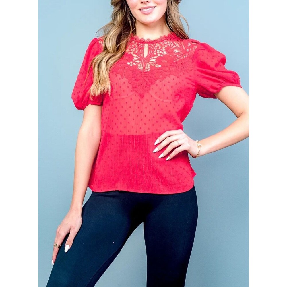Women’s Sheer Red Lace Short Sleeve Blouse Size M